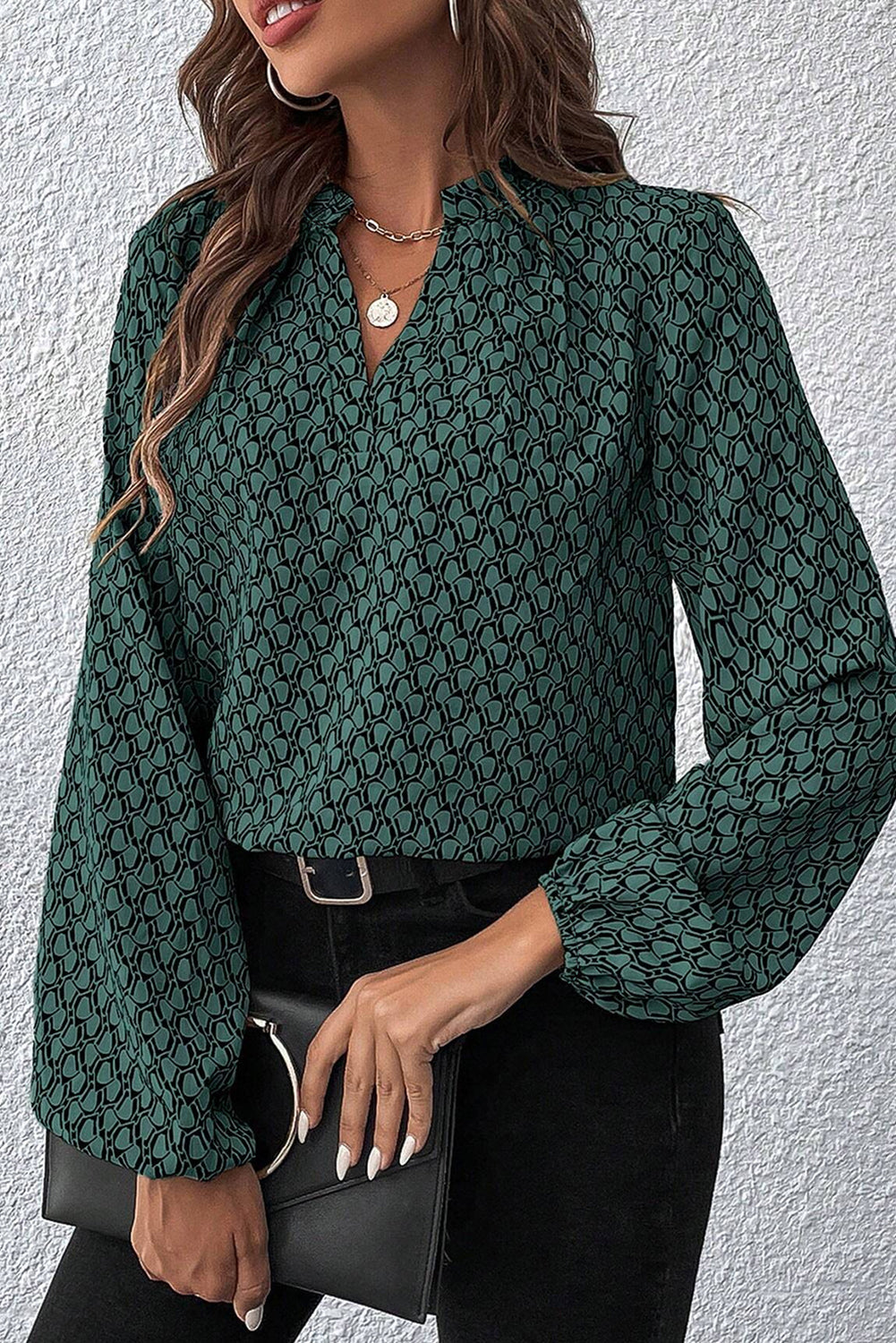 Teal Green Geometric Print V-Neck Puff Sleeve Blouse