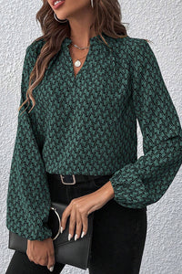 Teal Green Geometric Print V-Neck Puff Sleeve Blouse