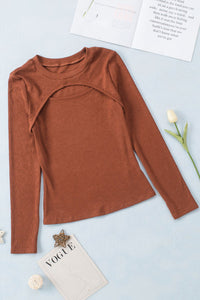 Pumpkin Spice Ribbed Cutout Long Sleeve Knit Top