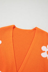 Orange Floral Print Open Front Loose Knit Lightweight  Cardigan Sweater
