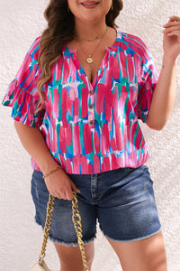 Pink Plus Size Brushstroke Ruffle Sleeve Button V-Neck Blouse