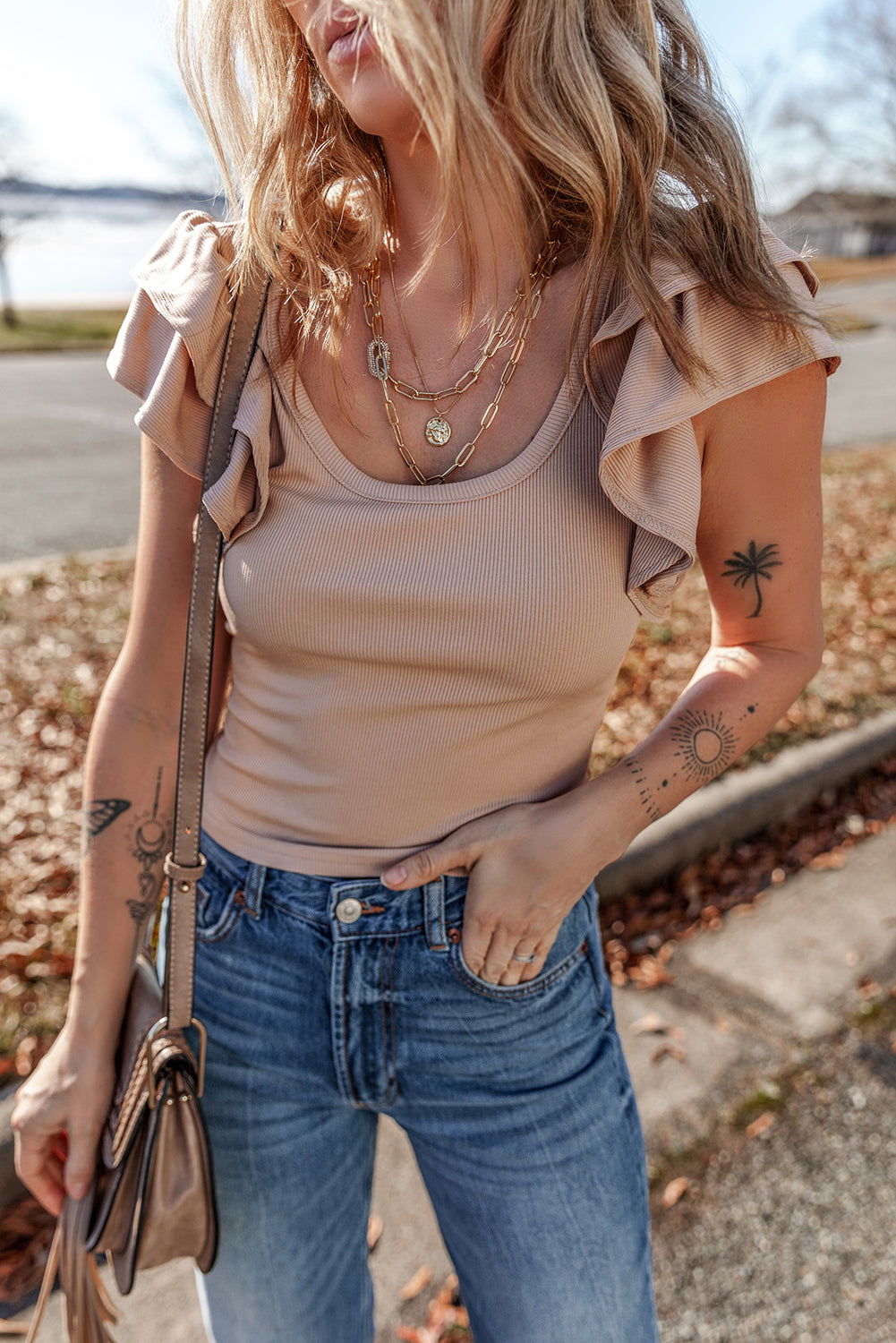 Light Brown Rib Knit Ruffled Cap Sleeve Slim Crop Top