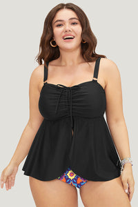 Plus Size Black Ruched Babydoll Tankini with Geometric Print Bottom 2-Pc. Swimsuit