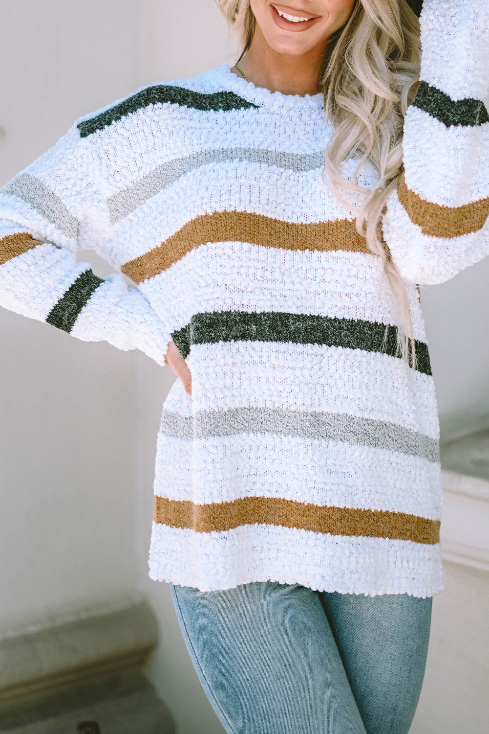 White with Blue & Tan Striped Popcorn Knit Sweater