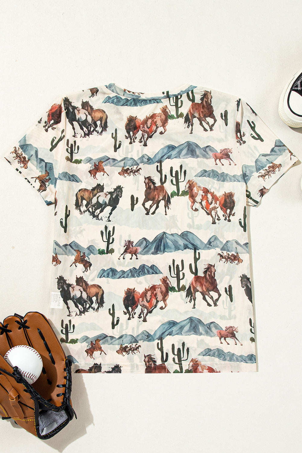 Beige Old Western Horse Print Sheer Mesh Tee