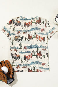 Beige Old Western Horse Print Sheer Mesh Tee