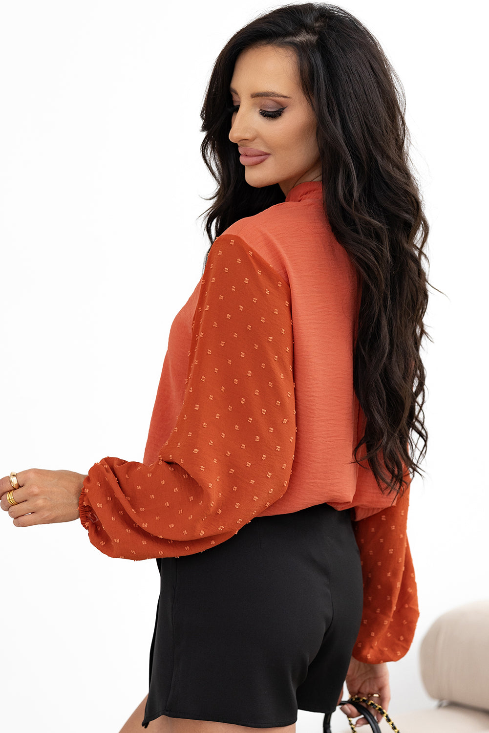 Russet Orange Swiss Dot Balloon Sleeve Mock Neck Blouse