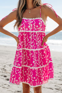 Bright Pink Floral Scalloped Trim Tiered Mini Dress