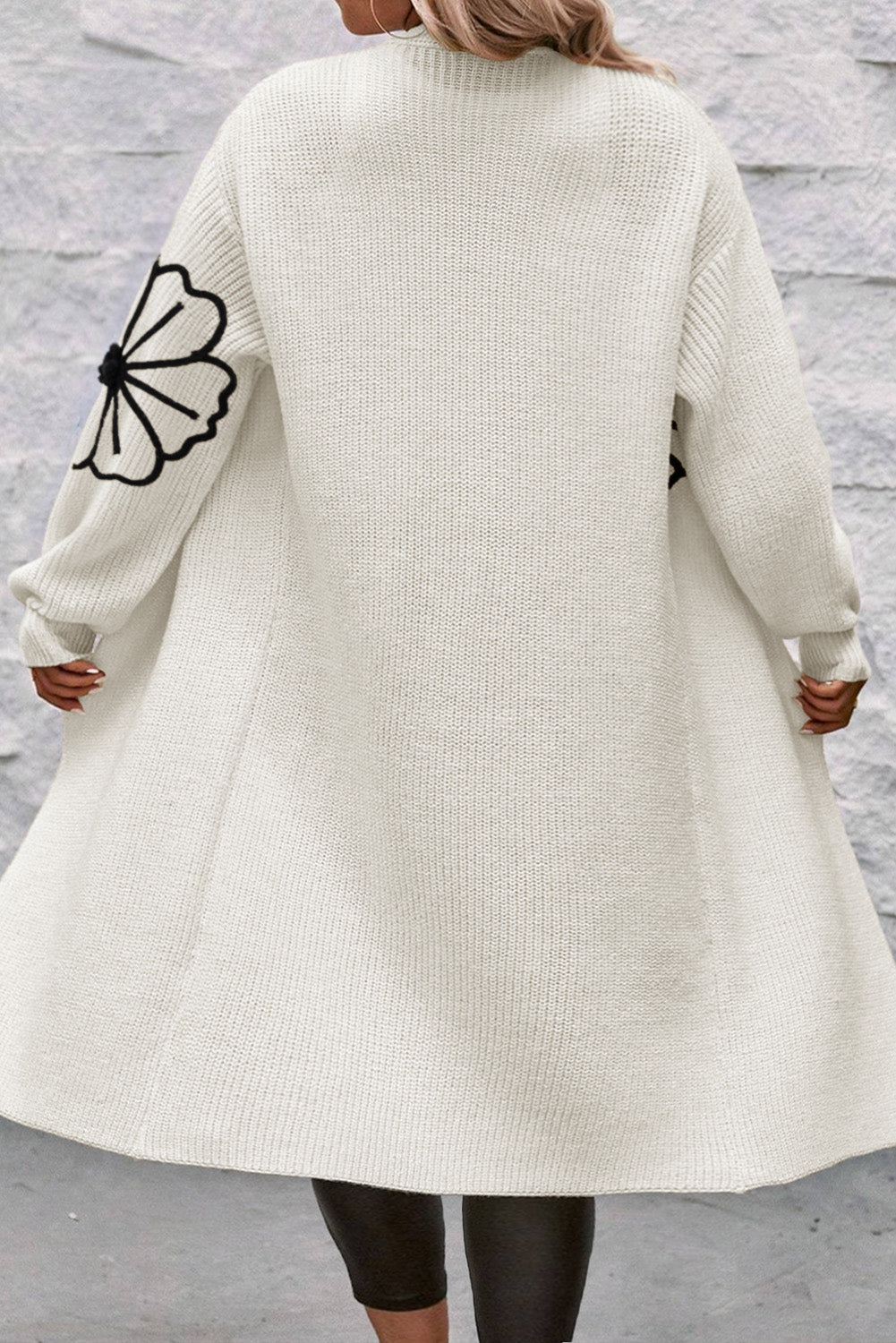 White with Black Floral Embroidered Drop Shoulder Open Front Duster Cardigan