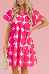 Bright Pink Big Circle Abstract Print V-Neck Tiered Flowy Dress