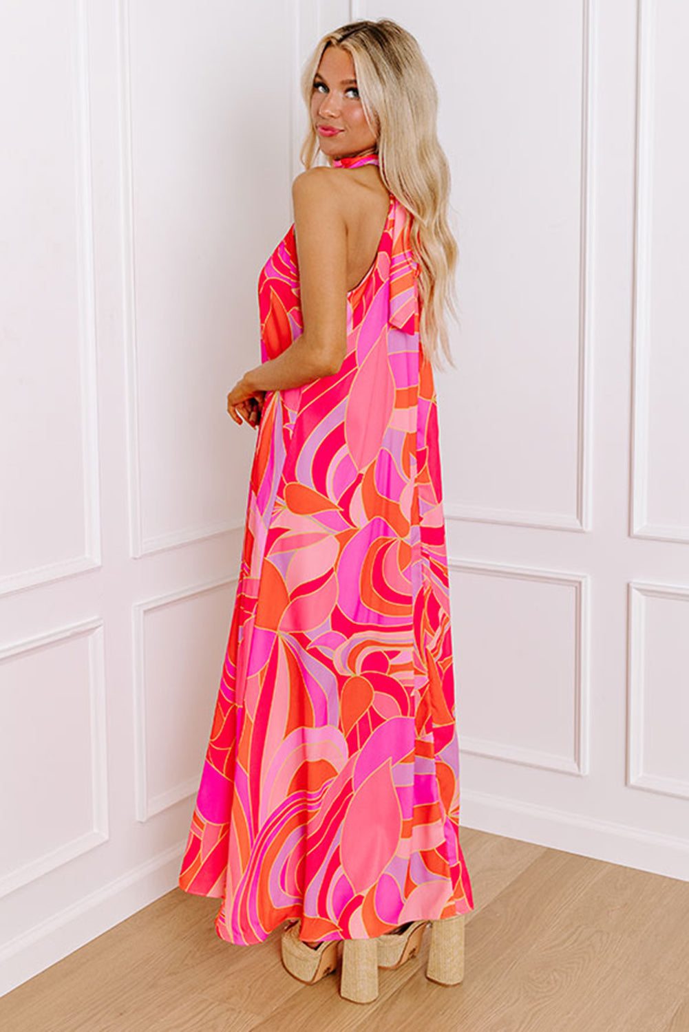 Pink and Orange Abstract Printed High Neck Halter Maxi Dress