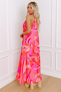 Pink and Orange Abstract Printed High Neck Halter Maxi Dress