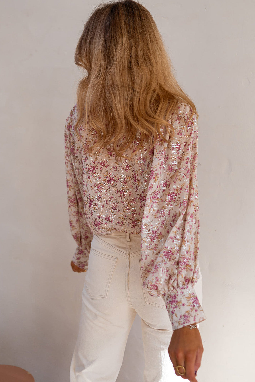 Pink Floral Silver Accent Print Bishop Sleeve Collared V-Neck Blouse