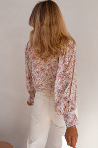 Pink Floral Silver Accent Print Bishop Sleeve Collared V-Neck Blouse