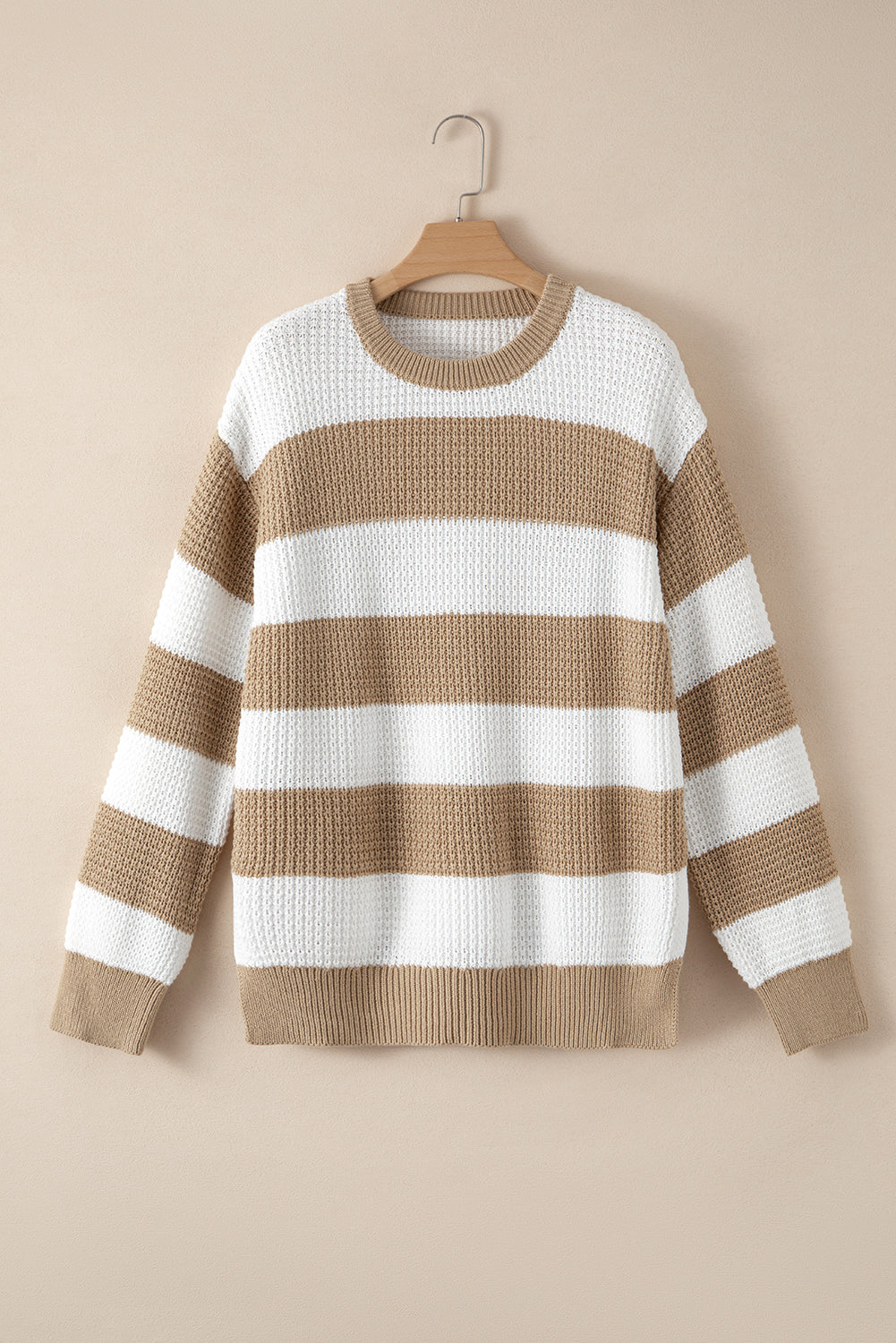 Light Beige Striped Drop Shoulder Side Slit Cable Knit Sweater