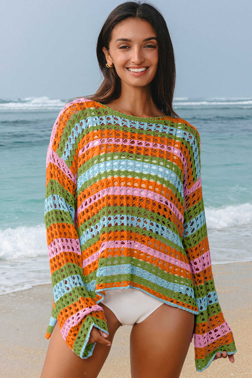 Summer Vibe Multi-Color Stripe Open Knit Sweater Beach Cover Up