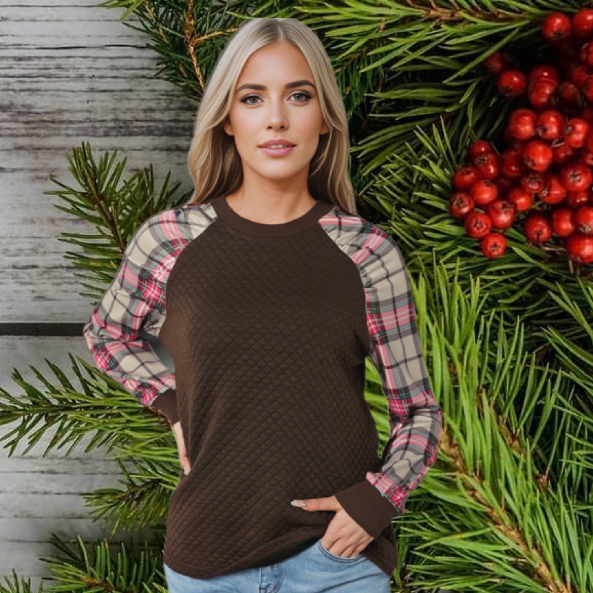 Dark Brown Quilted Crewneck Sweatshirt with Plaid Raglan Sleeves