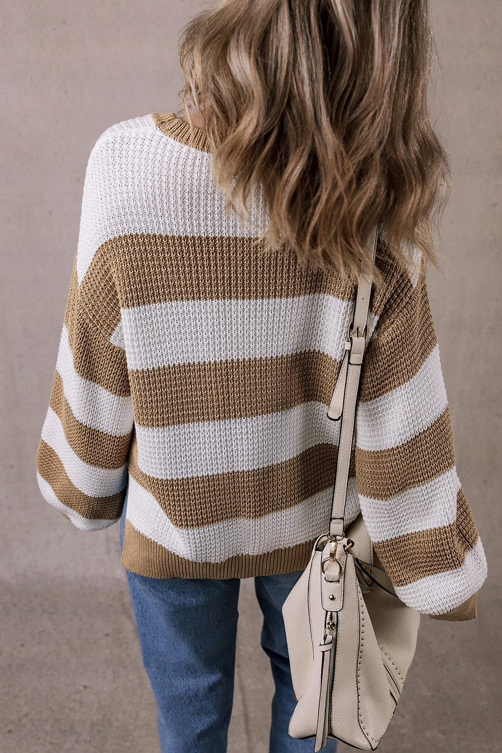 Light Beige Striped Drop Shoulder Side Slit Cable Knit Sweater
