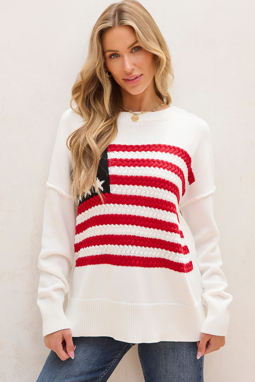 White American Flag Cable Knit Sweater