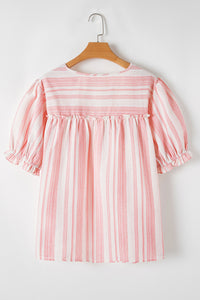 Plus Size Salmon Stripe Tassel Tie Split V-Neck Short Sleeve Blouse