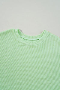 Spring Green Ribbed Drop Shoulder Pullover Top