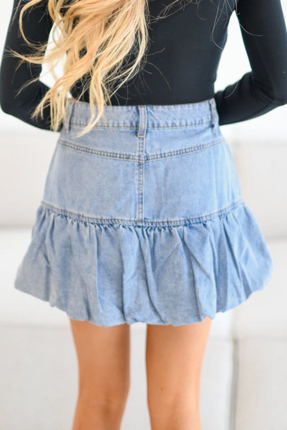 Light Wash Ruffled Hem Denim Mini Skirt