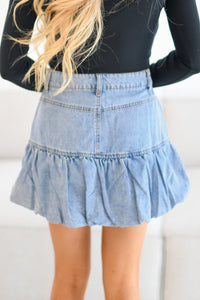 Light Wash Ruffled Hem Denim Mini Skirt