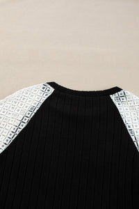 Black Floral Color Block Long Sleeve Textured Shirt
