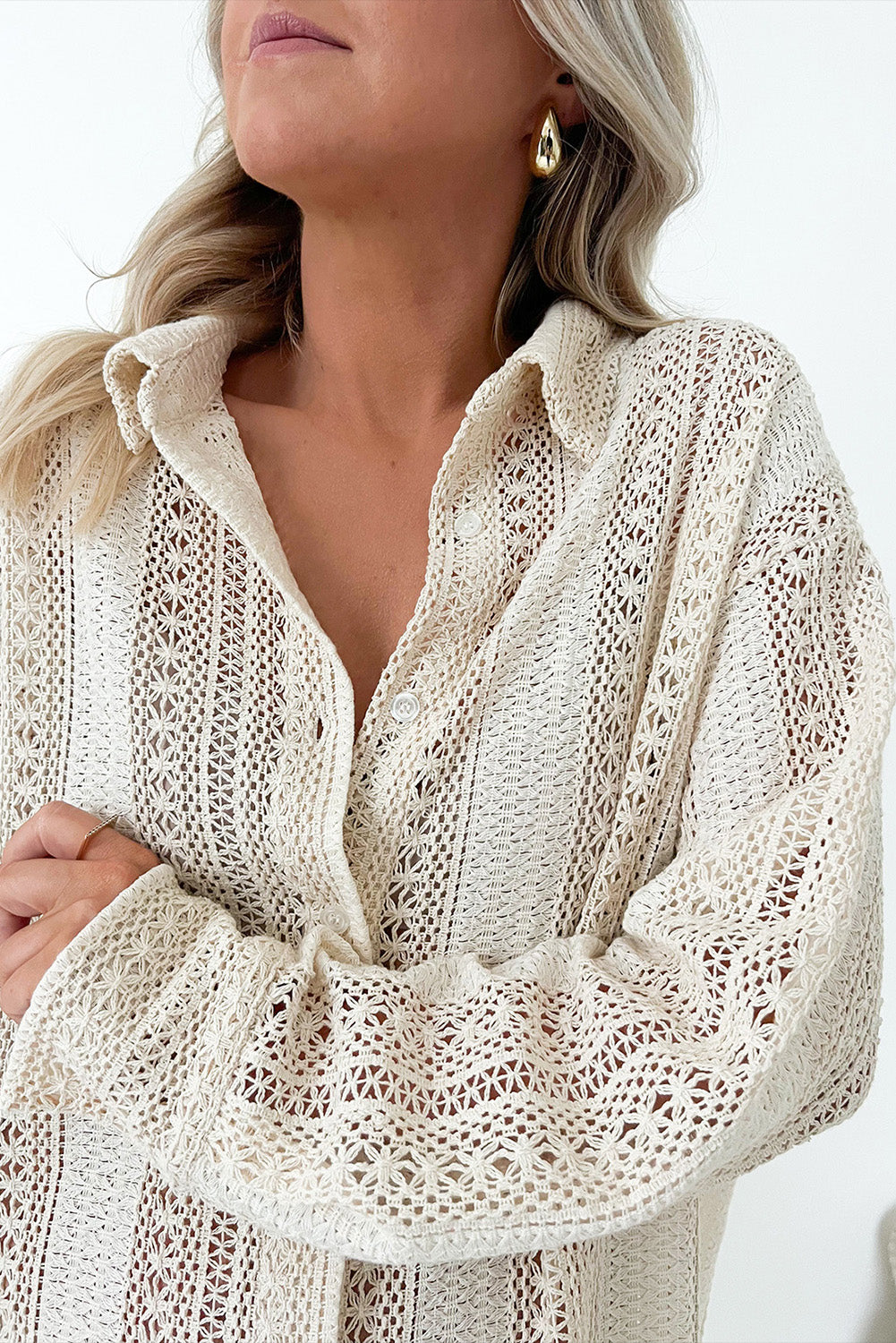 Ivory Lace Crocheted Button Down Tunic Oversized Shirt