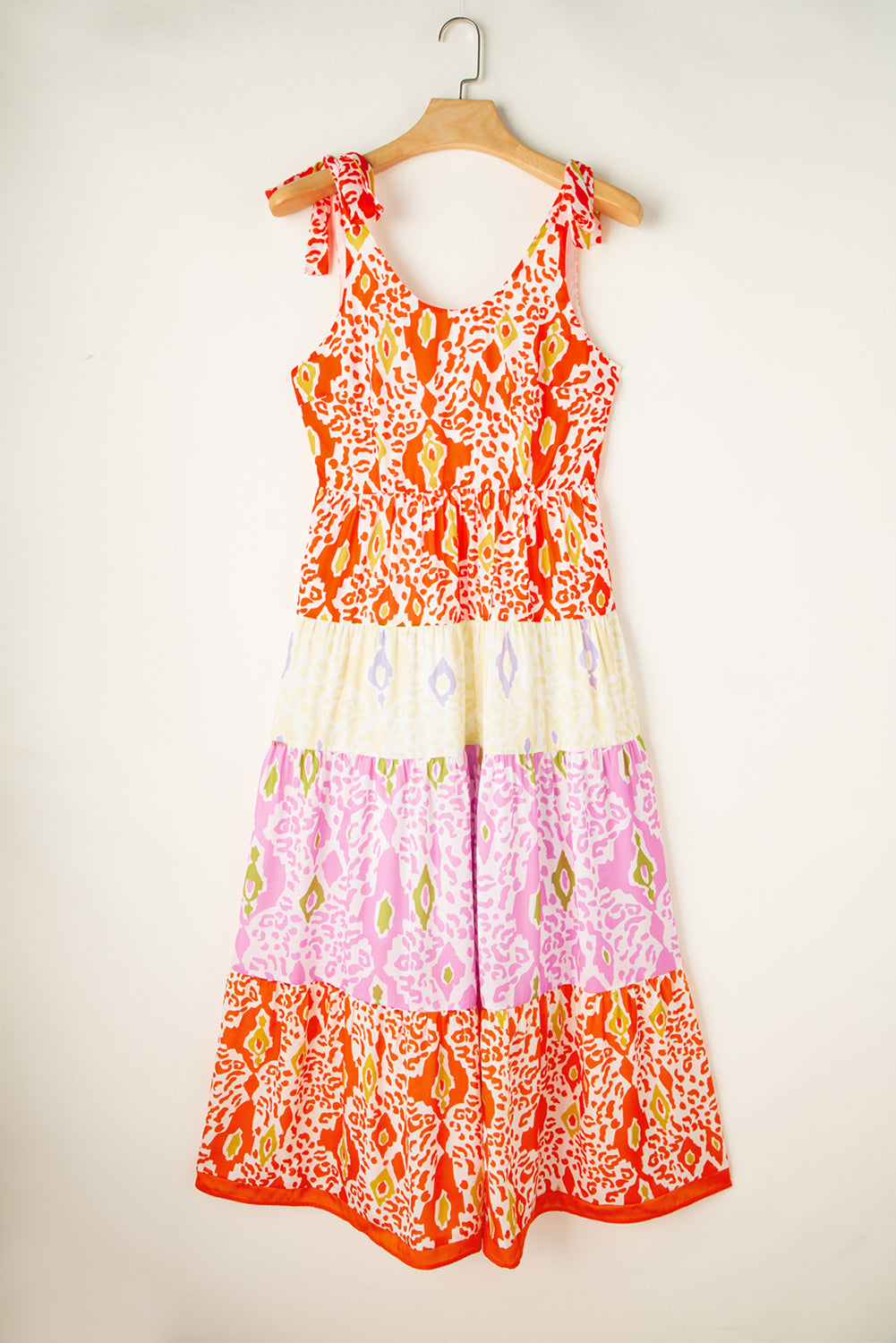 Orange Pink Yellow Floral Tiered Color-block Maxi Sun Dress