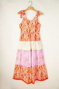 Orange Pink Yellow Floral Tiered Color-block Maxi Sun Dress