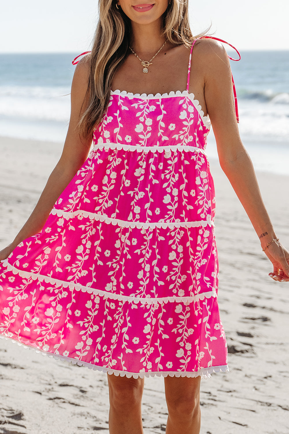 Bright Pink Floral Scalloped Trim Tiered Mini Dress