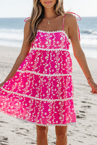 Bright Pink Floral Scalloped Trim Tiered Mini Dress