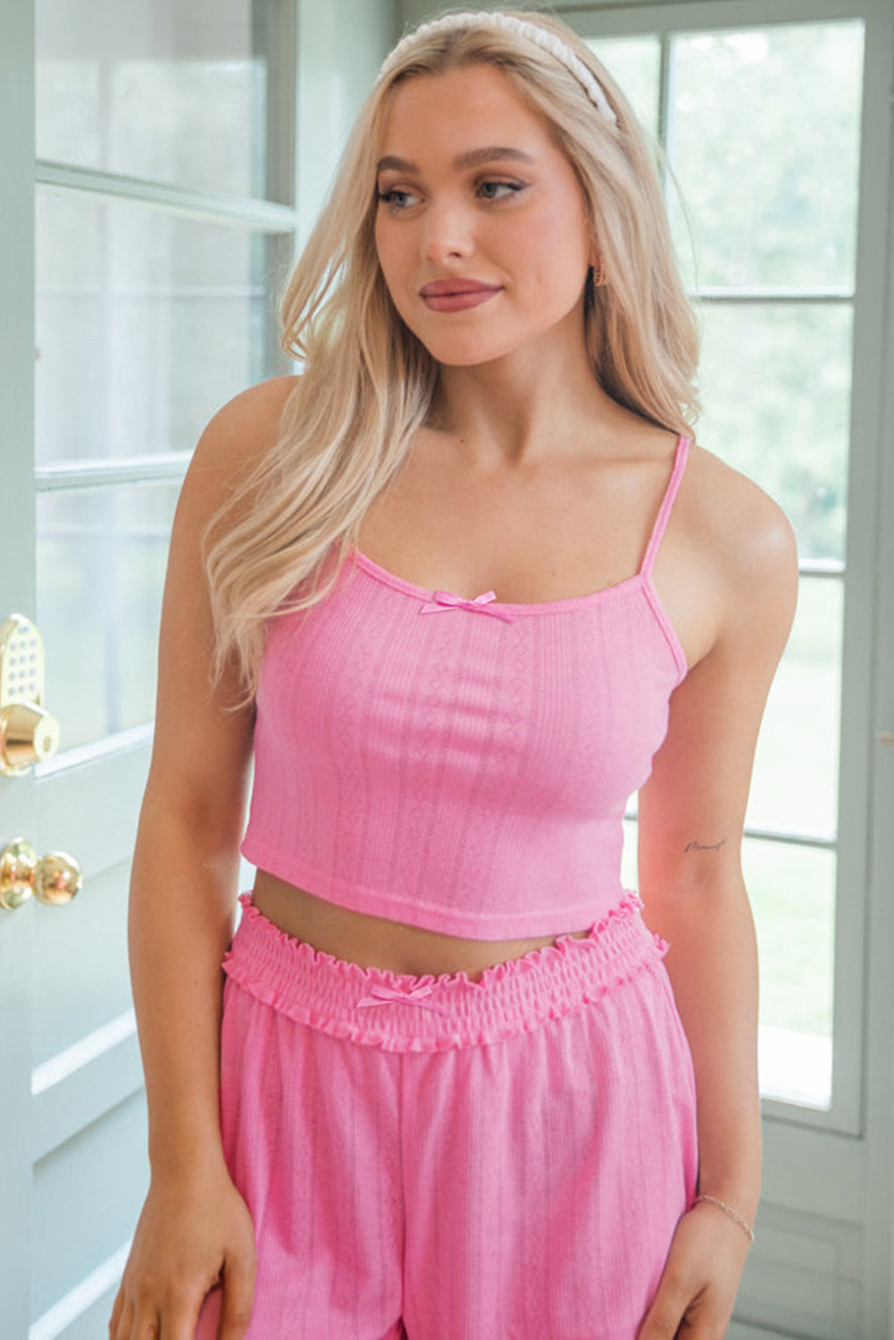 Pink Textured Cropped Cami Shorts and Cardigan 3-Piece Lounge Set