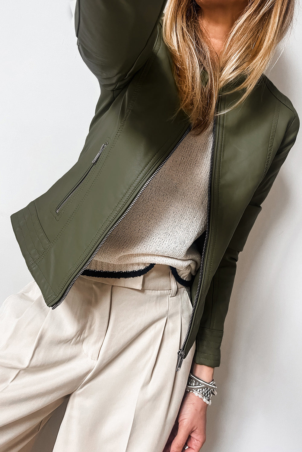 Olive Green Faux Leather Zip Up Slim Fit Bomber Jacket