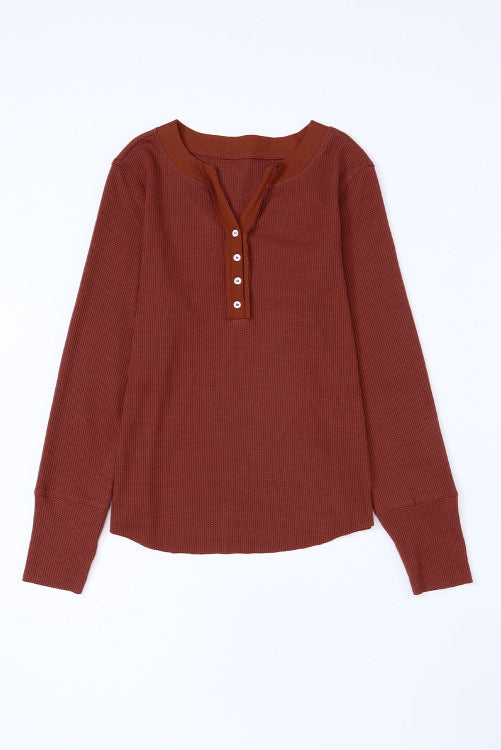 Deep Rust Button V-neck Thermal Long Sleeve Shirt