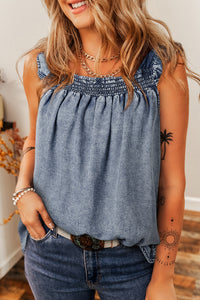 Medium Wash Ruffled Smock Neckline Sleeveless Denim Tank Top