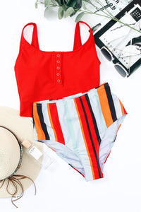 Solid Color Snap Neckline Top Printed Bottom Tankini