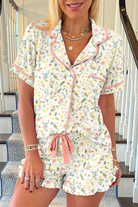 White Spring Floral Pink Contrast Button Up Top and Shorts Pajama Lounge Set