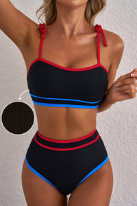 Black with Blue Red Stripe Trim High Waist Bikini Set