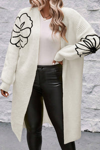White with Black Floral Embroidered Drop Shoulder Open Front Duster Cardigan