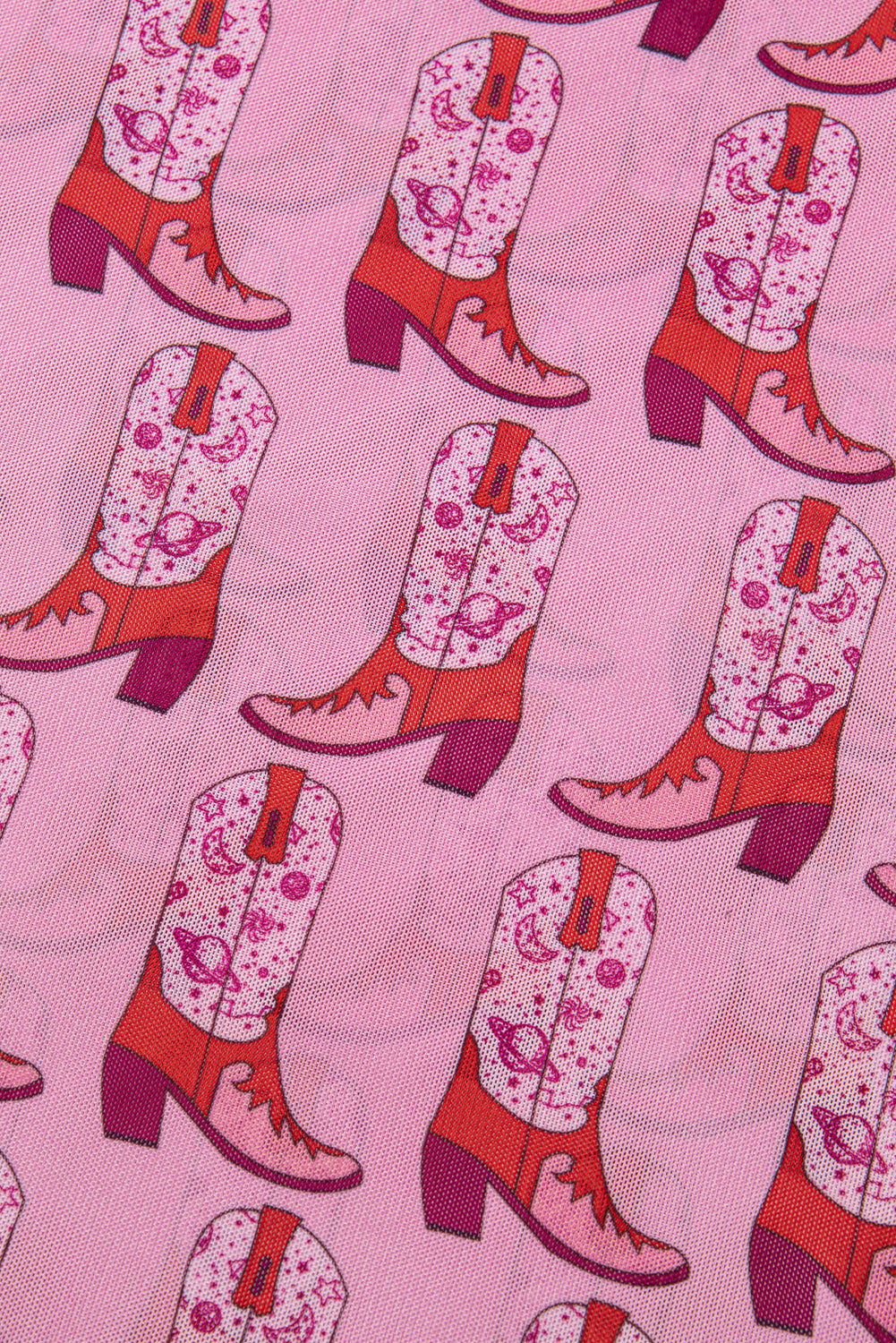 Pink Cowgirl Boots Print Mock Neck Long Sleeve Mesh Top