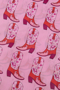 Pink Cowgirl Boots Print Mock Neck Long Sleeve Mesh Top