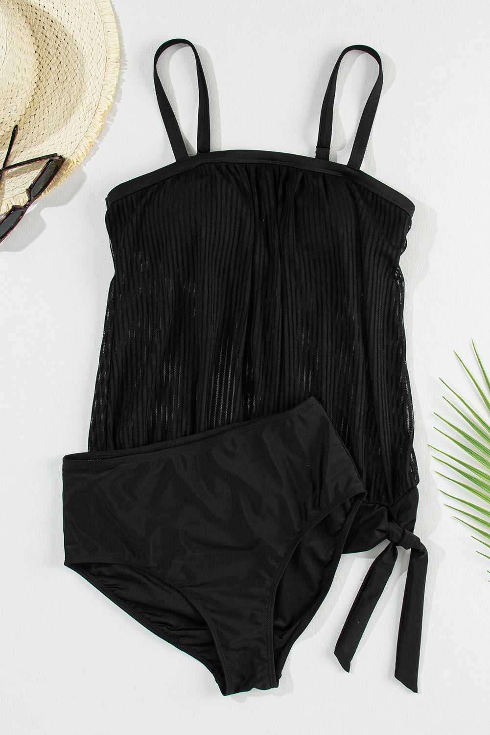 Sheer Striped Mesh Knotted Hem Built in Bra Tankini Swimsuit