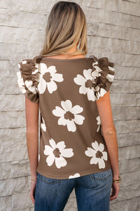 Brown & White Floral Ruffly Flutter Sleeve Waffle Knit Shirt