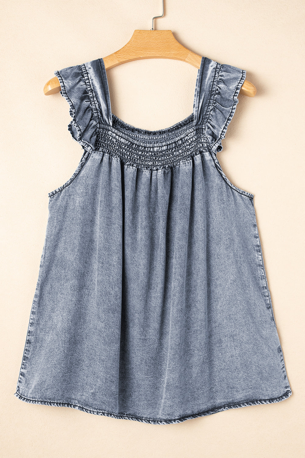 Medium Wash Ruffled Smock Neckline Sleeveless Denim Tank Top