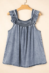 Medium Wash Ruffled Smock Neckline Sleeveless Denim Tank Top