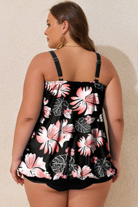 Plus Size Black Pink Floral Wide Strap Tankini Set