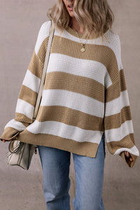 Light Beige Striped Drop Shoulder Side Slit Cable Knit Sweater