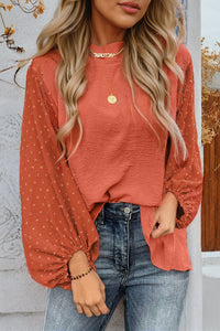 Russet Orange Swiss Dot Balloon Sleeve Mock Neck Blouse